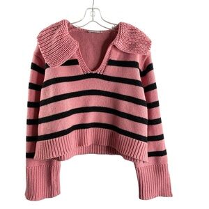 STYLE COLLECTION SIZE SMALL PINK/BLACK STRIPE LONG SLEEVE COLLAR SWEATER